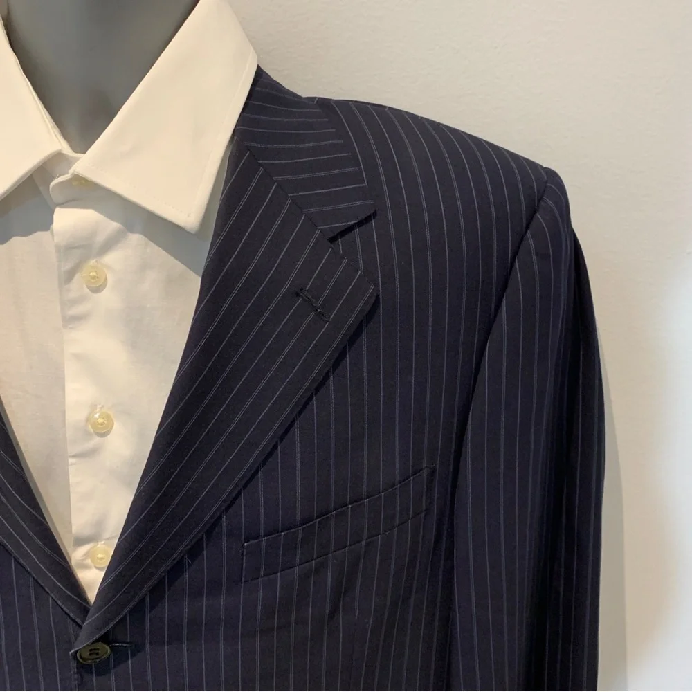Italian Canali Mens Three Button Notched Blazer Jacket navy Pinstriped Wool Sz44